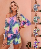 Women Spring Printed Casual O-Neck Full Sleeves Tie Dye Regular Two Piece Shorts Set