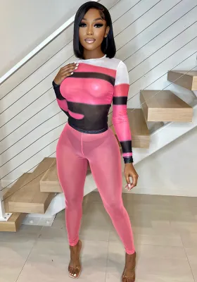 Women Spring Pink Sexy O-Neck Full Sleeves High Waist Color Blocking Mesh Skinny Two Piece Pants Set