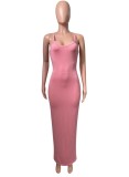 Women Summer Pink Cute Strap Sleeveless Solid Midi Sheath Tank Dress