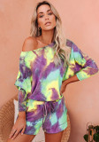 Women Spring Printed Casual O-Neck Full Sleeves Tie Dye Regular Two Piece Shorts Set