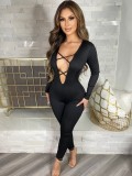 Women Spring Black Sexy V-neck Full Sleeves Solid Lace Up Ankle Length Skinny Jumpsuit