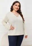Women Spring Beige Casual V-neck Full Sleeves Lace Up Regular Plus Size Tops