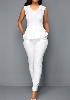 Women Summer White Formal V-neck Sleeveless Regular Two Piece Pants Set