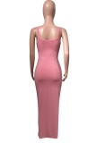 Women Summer Pink Cute Strap Sleeveless Solid Midi Sheath Tank Dress