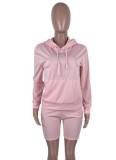 Women Spring Pink Casual Hooded Full Sleeves Solid Regular Two Piece Shorts Set