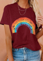 Women Summer Burgunry Cute O-Neck Short Sleeves Rainbow Regular T-Shirt
