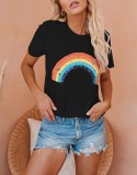 Women Summer Black Cute O-Neck Short Sleeves Rainbow Regular T-Shirt