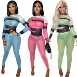 Women Spring Blue Sexy O-Neck Full Sleeves High Waist Color Blocking Mesh Skinny Two Piece Pants Set