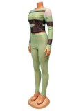 Women Spring Green Sexy O-Neck Full Sleeves High Waist Color Blocking Mesh Skinny Two Piece Pants Set