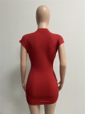 Women Summer Red Sweet V-neck Short Sleeves Solid Knitted Mini Sheath Club Dress