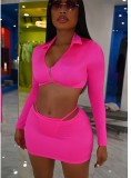 Women Spring Rose Sexy V-neck Full Sleeves Solid Hollow Out Skinny MiniTwo Piece Skirt Set