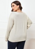 Women Spring Beige Casual V-neck Full Sleeves Lace Up Regular Plus Size Tops