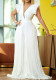 Women Summer White Formal V-neck Short Sleeves Solid Pleated A-line Evening Dress