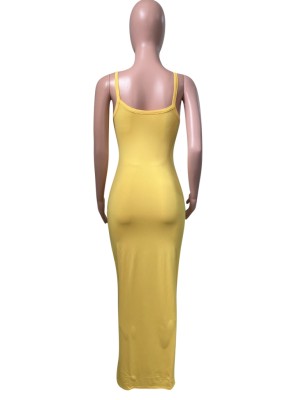 Women Summer Yellow Cute Strap Sleeveless Solid Midi Pencil Tank Dress
