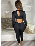 Women Spring Black Sexy V-neck Full Sleeves Solid Lace Up Ankle Length Skinny Jumpsuit