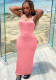 Women Summer Pink Cute Strap Sleeveless Solid Midi Sheath Tank Dress