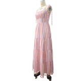 Women Summer Printed Sweet Strap Sleeveless Striped Print Ruffles Midi A-line Holiday Dress