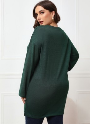 Women Spring Green Casual O-Neck Full Sleeves Solid Regular Plus Size Shirt