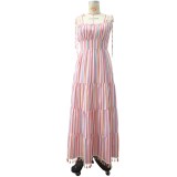 Women Summer Printed Sweet Strap Sleeveless Striped Print Ruffles Midi A-line Holiday Dress