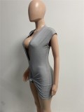 Women Summer Grey Sexy V-neck Short Sleeves Solid Knitted Mini Straight Club Dress