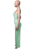 Women Summer Green Cute Strap Sleeveless Solid Midi Pencil Tank Dress