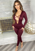 Women Spring Burgunry Sexy V-neck Full Sleeves Solid Lace Up Ankle Length Skinny Jumpsuit
