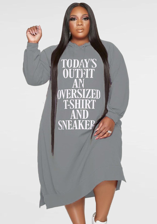 Women Spring Grey Casual Hooded Full Sleeves Letter Print Midi Loose Plus Size Hoody Dress