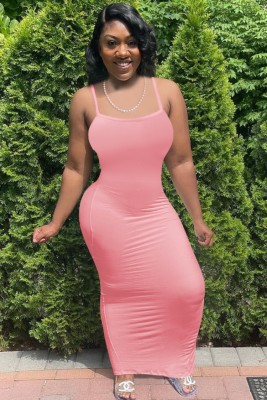 Women Summer Pink Cute Strap Sleeveless Solid Midi Sheath Tank Dress
