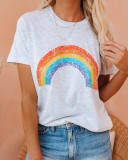 Women Summer White Cute O-Neck Short Sleeves Rainbow Regular T-Shirt