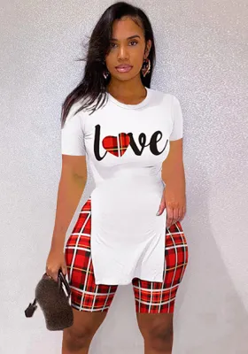Women Summer Printed Casual O-Neck Short Sleeves High Waist Plaid Print Skinny Two Piece Shorts Set