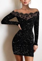 Women Spring Black Sexy Off-the-shoulder Full Sleeves Lace Mini A-line Club Dress