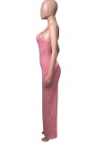 Women Summer Pink Cute Strap Sleeveless Solid Midi Sheath Tank Dress