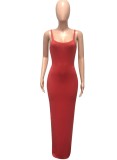 Women Summer Red Cute Strap Sleeveless Solid Midi Pencil Tank Dress