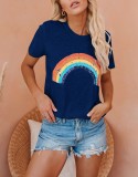 Women Summer Blue Cute O-Neck Short Sleeves Rainbow Regular T-Shirt