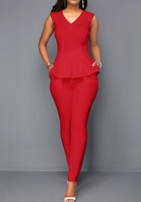 Women Summer Red Formal V-neck Sleeveless Solid Regular Two Piece Pants Set