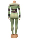 Women Spring Green Sexy O-Neck Full Sleeves High Waist Color Blocking Mesh Skinny Two Piece Pants Set