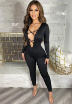 Women Spring Black Sexy V-neck Full Sleeves Solid Lace Up Ankle Length Skinny Jumpsuit