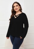 Women Spring Black Casual V-neck Full Sleeves Solid Lace Up Regular Plus Size Shirt