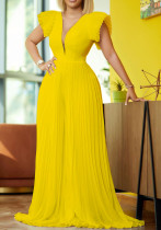 Women Summer Yellow Sweet V-neck Short Sleeves Solid Pleated A-line Evening Dress