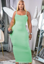 Women Summer Green Cute Strap Sleeveless Solid Midi Pencil Tank Dress