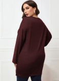 Women Spring Burgunry Casual O-Neck Full Sleeves Regular Plus Size Shirt