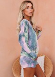 Women Spring Printed Casual O-Neck Full Sleeves Tie Dye Regular Two Piece Shorts Set