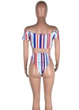 Women Printed High-Leg Plunge Neck Striped Print Short Sleeves Two Piece Swimwear