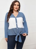 Women Spring Color Blocking Casual V-neck Full Sleeves Knotted Regular Plus Size Tops