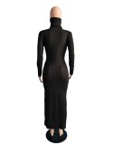 Women Spring Black Sexy Turtleneck Full Sleeves Solid Slim Slit Long Dress