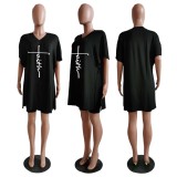 Women Summer Black Casual V-neck Short Sleeves Print Loose Side Slit Two Piece Shorts Set