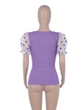 Women Spring Purple Sweet U-Neck Puff Sleeve Dot Print Regular Tops