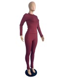 Women Spring Burgunry Sexy O-Neck Full Sleeves Solid Skinny Two Piece Pants Set
