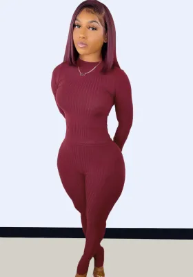 Women Spring Burgunry Sexy O-Neck Full Sleeves Solid Skinny Two Piece Pants Set