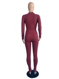 Women Spring Burgunry Sexy O-Neck Full Sleeves Solid Skinny Two Piece Pants Set